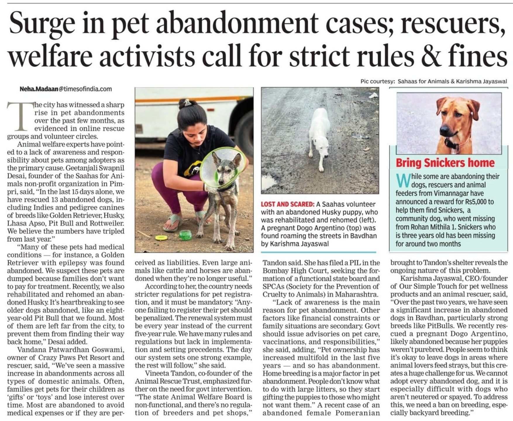 Saahas For Animals media coverage